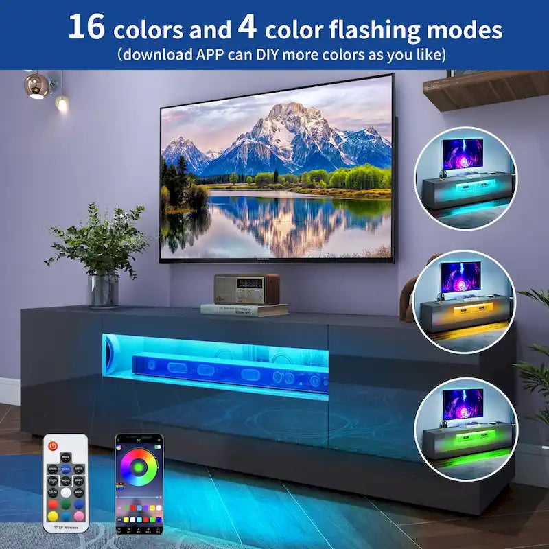 White/Black High-Gloss LED TV Stand, Fits up to 75" TV, 1-Unit