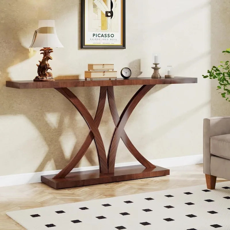 Brown Industrial Console Table, Geometric Metal Frame, Entryway / Sofa / Hallway, 1-Person Use