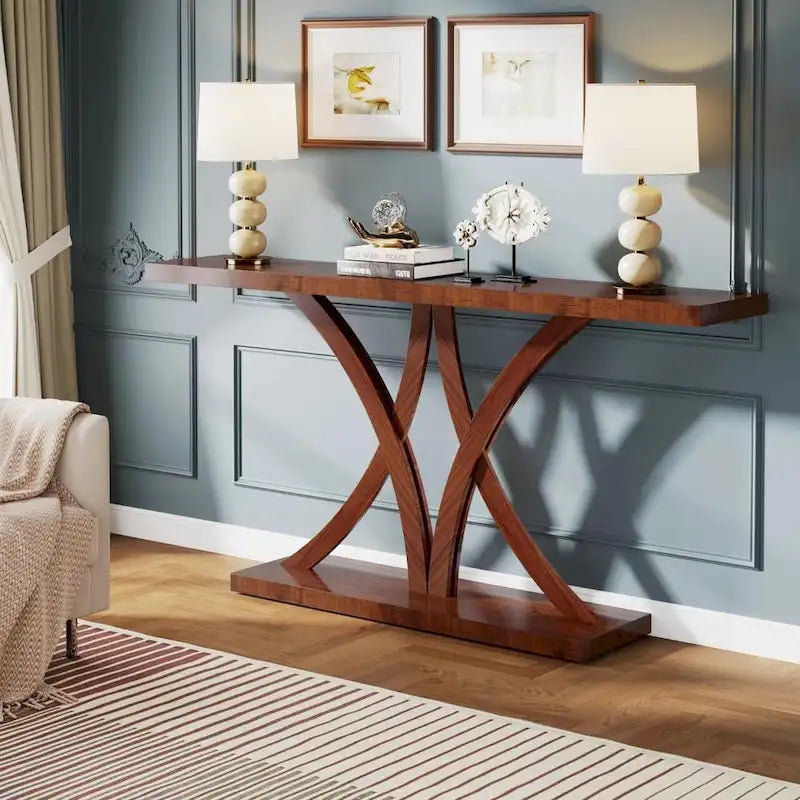Brown Industrial Console Table, Geometric Metal Frame, Entryway / Sofa / Hallway, 1-Person Use