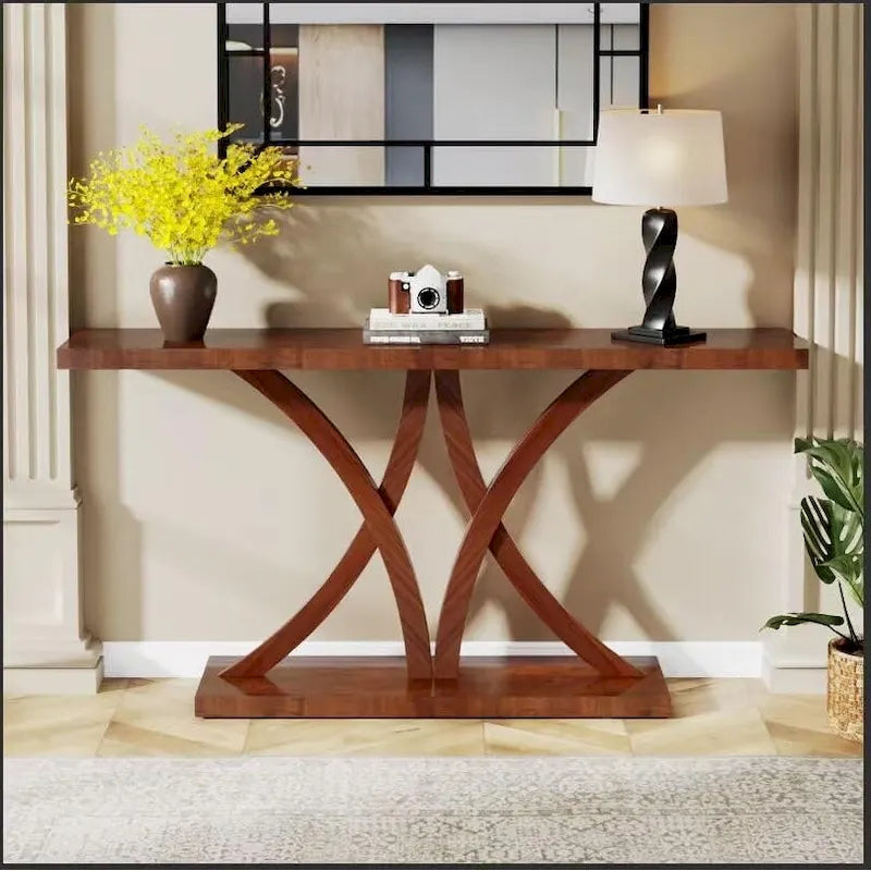 Brown Industrial Console Table, Geometric Metal Frame, Entryway / Sofa / Hallway, 1-Person Use