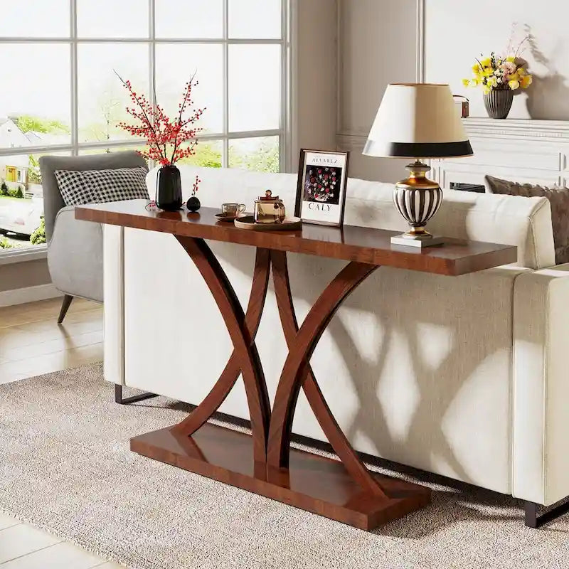 Brown Industrial Console Table, Geometric Metal Frame, Entryway / Sofa / Hallway, 1-Person Use