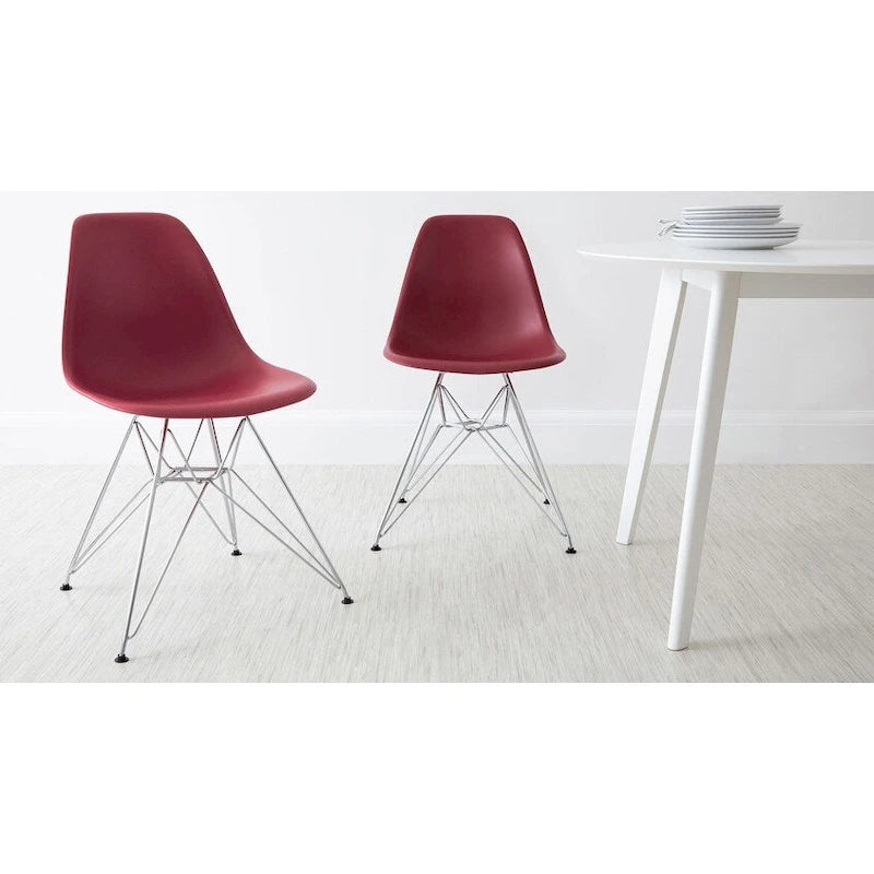 Set of 2 Armless Molded Plastic Dining Chairs with Chrome Eiffel Legs – Multi-Color