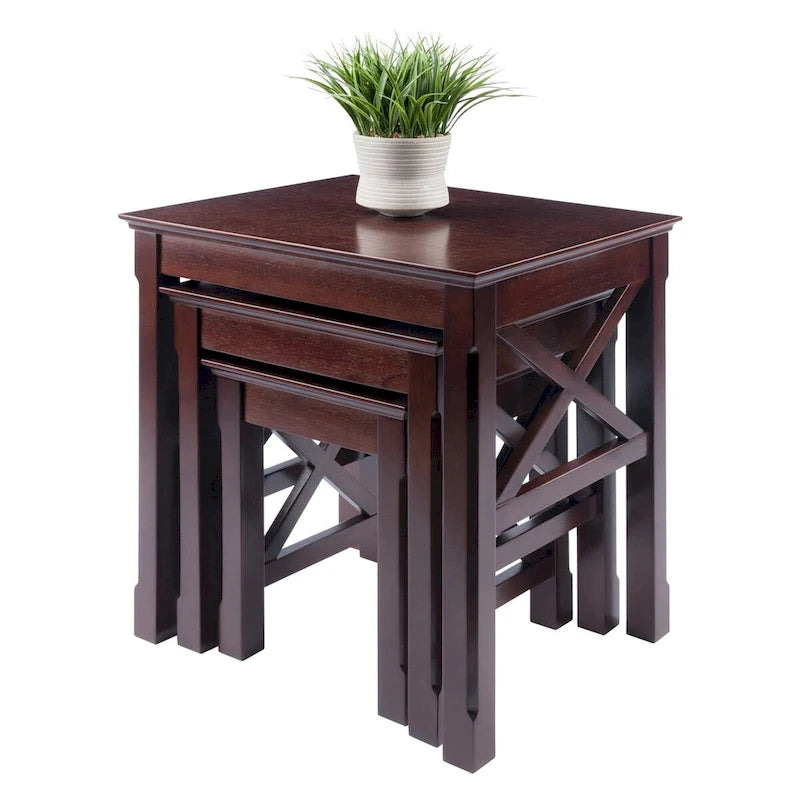 Cappuccino Solid Wood 3-Piece Nesting Side Tables with X Cross Design