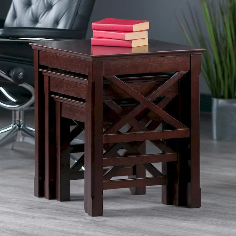 Cappuccino Solid Wood 3-Piece Nesting Side Tables with X Cross Design