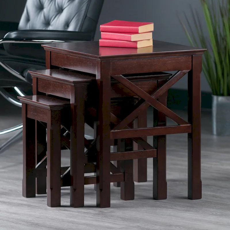 Cappuccino Solid Wood 3-Piece Nesting Side Tables with X Cross Design