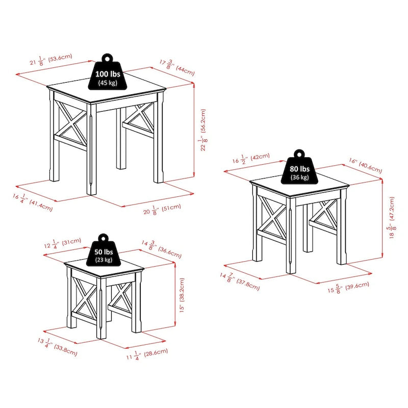 Cappuccino Solid Wood 3-Piece Nesting Side Tables with X Cross Design