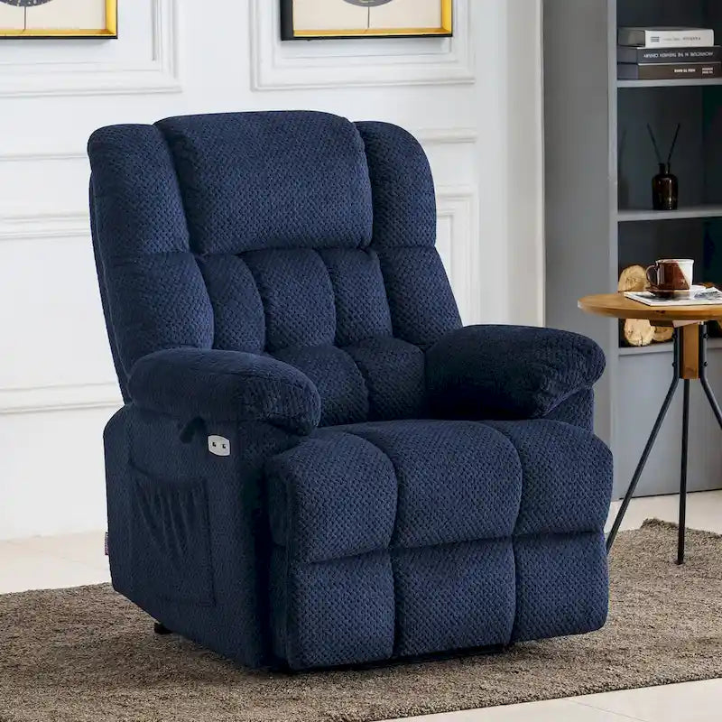 Blue / Dark Brown Power Lift Recliner Chair with Massage & Heat, Adjustable Headrest, Extended Footrest – Single Seat