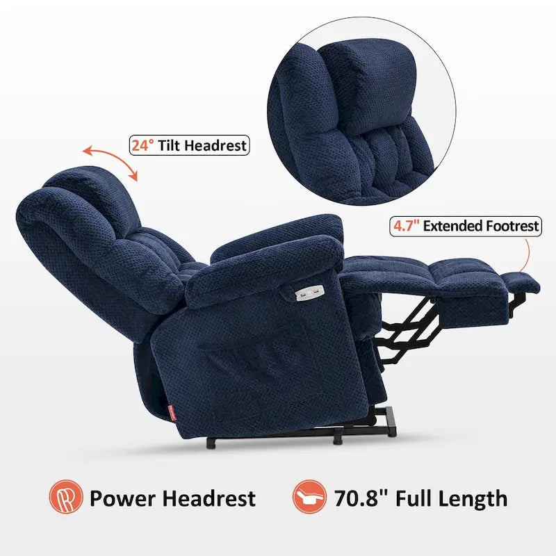 Blue / Dark Brown Power Lift Recliner Chair with Massage & Heat, Adjustable Headrest, Extended Footrest – Single Seat