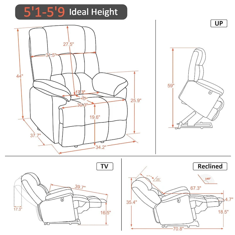 Blue / Dark Brown Power Lift Recliner Chair with Massage & Heat, Adjustable Headrest, Extended Footrest – Single Seat