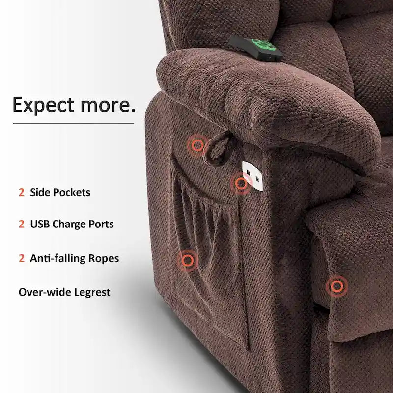 Blue / Dark Brown Power Lift Recliner Chair with Massage & Heat, Adjustable Headrest, Extended Footrest – Single Seat