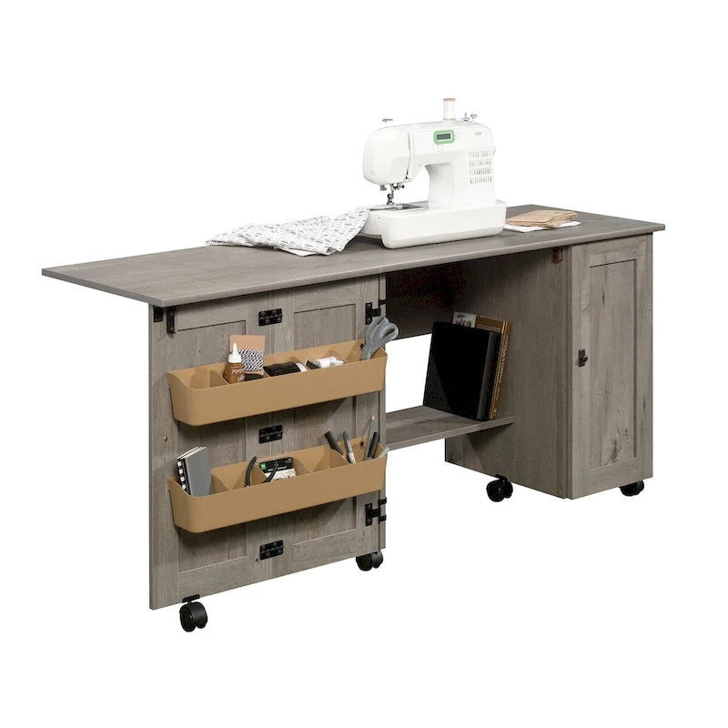 Cinnamon Cherry | Mystic Oak | Vintage Oak | Soft White Rolling Sewing & Craft Table with Drop Leaf, 1-Person