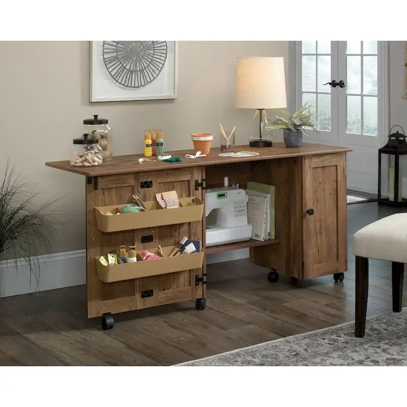 Cinnamon Cherry | Mystic Oak | Vintage Oak | Soft White Rolling Sewing & Craft Table with Drop Leaf, 1-Person