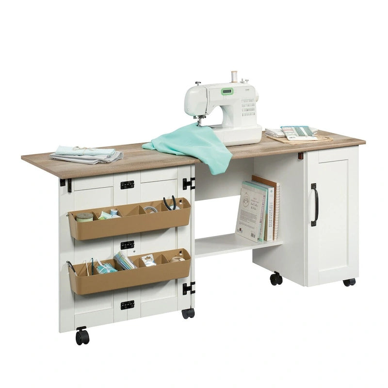 Cinnamon Cherry | Mystic Oak | Vintage Oak | Soft White Rolling Sewing & Craft Table with Drop Leaf, 1-Person