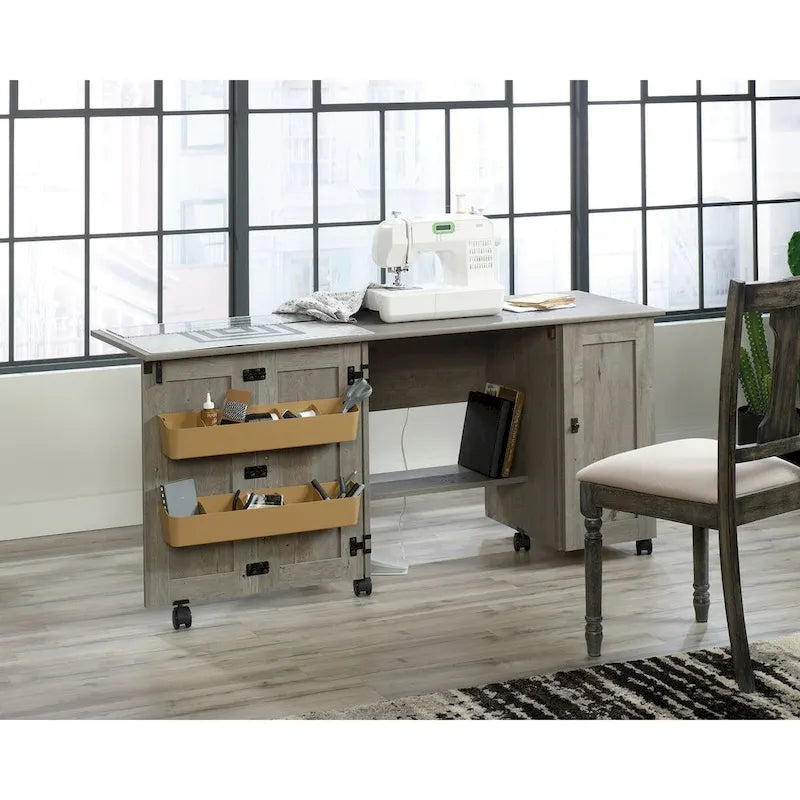 Cinnamon Cherry | Mystic Oak | Vintage Oak | Soft White Rolling Sewing & Craft Table with Drop Leaf, 1-Person