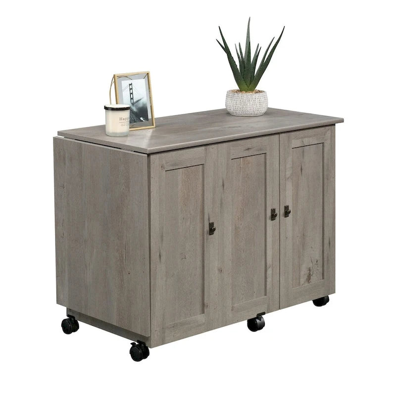 Cinnamon Cherry | Mystic Oak | Vintage Oak | Soft White Rolling Sewing & Craft Table with Drop Leaf, 1-Person