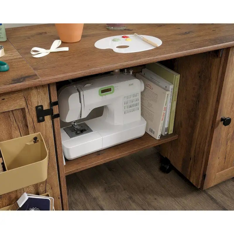 Cinnamon Cherry | Mystic Oak | Vintage Oak | Soft White Rolling Sewing & Craft Table with Drop Leaf, 1-Person