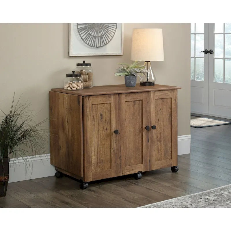 Cinnamon Cherry | Mystic Oak | Vintage Oak | Soft White Rolling Sewing & Craft Table with Drop Leaf, 1-Person