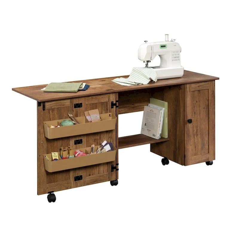 Cinnamon Cherry | Mystic Oak | Vintage Oak | Soft White Rolling Sewing & Craft Table with Drop Leaf, 1-Person