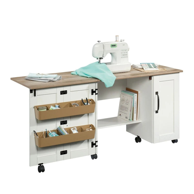Cinnamon Cherry | Mystic Oak | Vintage Oak | Soft White Rolling Sewing & Craft Table with Drop Leaf, 1-Person