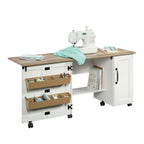 Cinnamon Cherry | Mystic Oak | Vintage Oak | Soft White Rolling Sewing & Craft Table with Drop Leaf, 1-Person