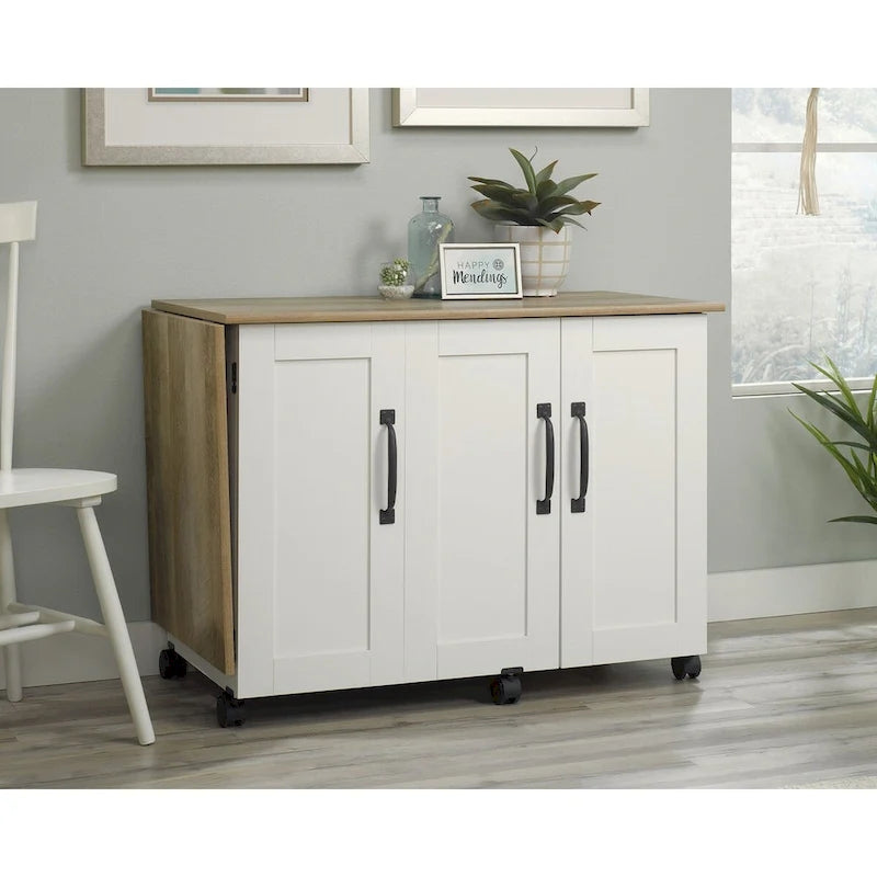 Cinnamon Cherry | Mystic Oak | Vintage Oak | Soft White Rolling Sewing & Craft Table with Drop Leaf, 1-Person