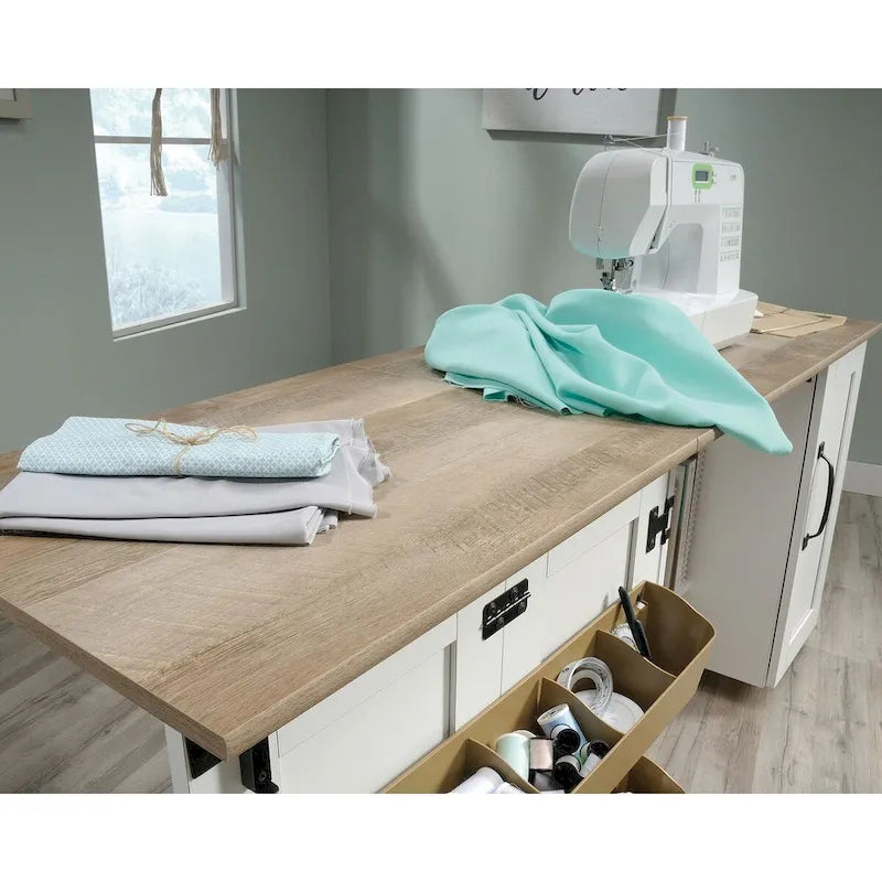 Cinnamon Cherry | Mystic Oak | Vintage Oak | Soft White Rolling Sewing & Craft Table with Drop Leaf, 1-Person