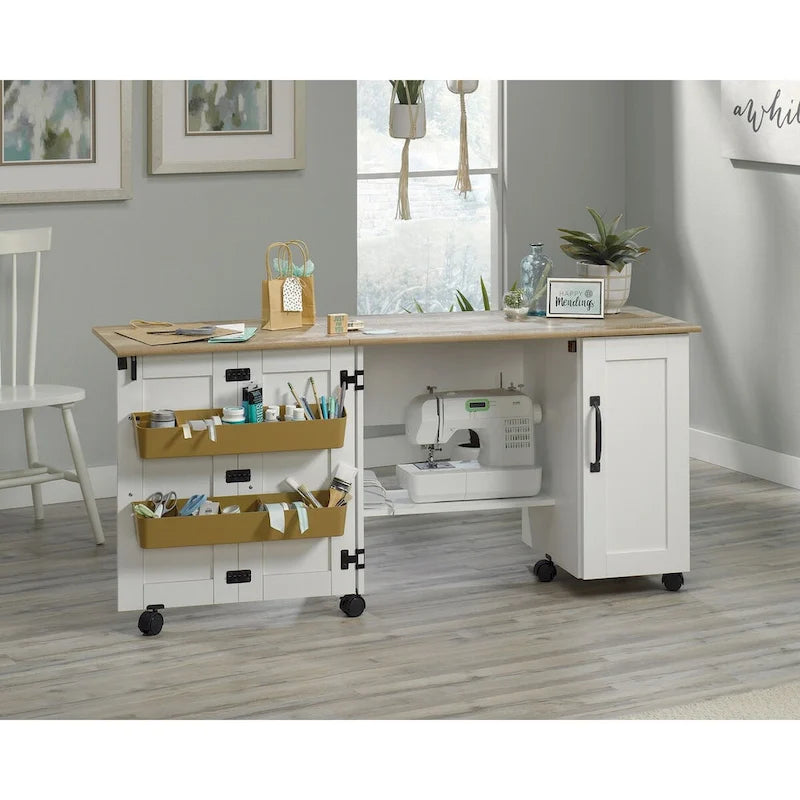 Cinnamon Cherry | Mystic Oak | Vintage Oak | Soft White Rolling Sewing & Craft Table with Drop Leaf, 1-Person