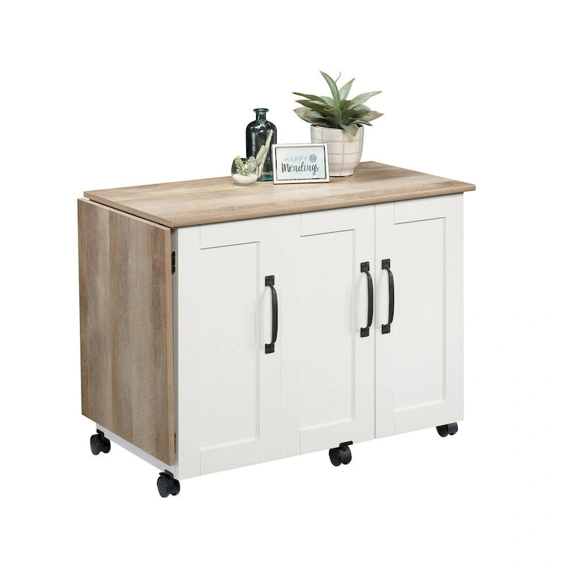 Cinnamon Cherry | Mystic Oak | Vintage Oak | Soft White Rolling Sewing & Craft Table with Drop Leaf, 1-Person