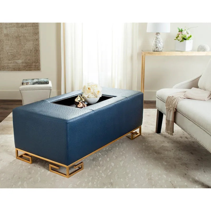 Cream/Gold & Navy/Gold Upholstered Tray Ottoman, Seats 1