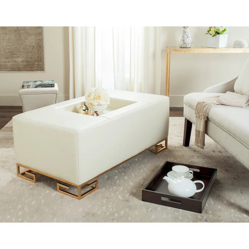 Cream/Gold & Navy/Gold Upholstered Tray Ottoman, Seats 1