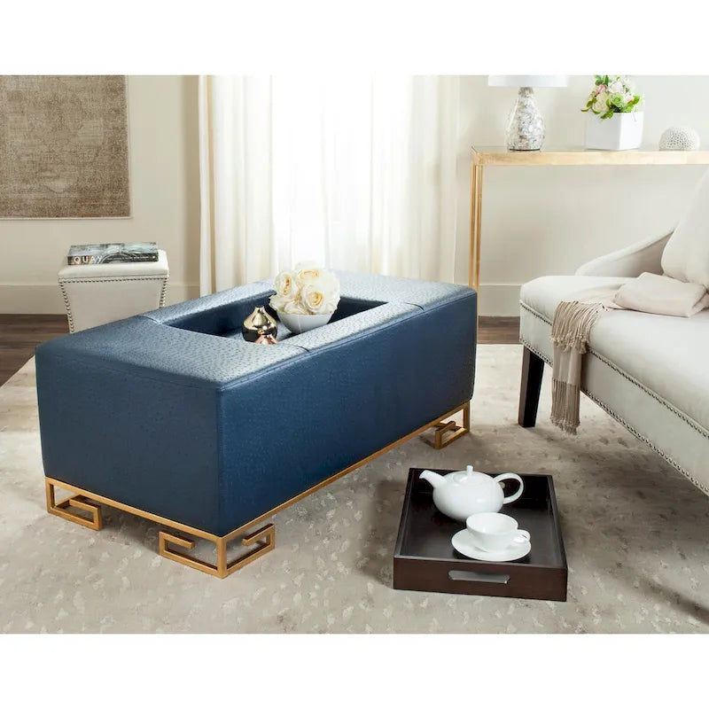 Cream/Gold & Navy/Gold Upholstered Tray Ottoman, Seats 1