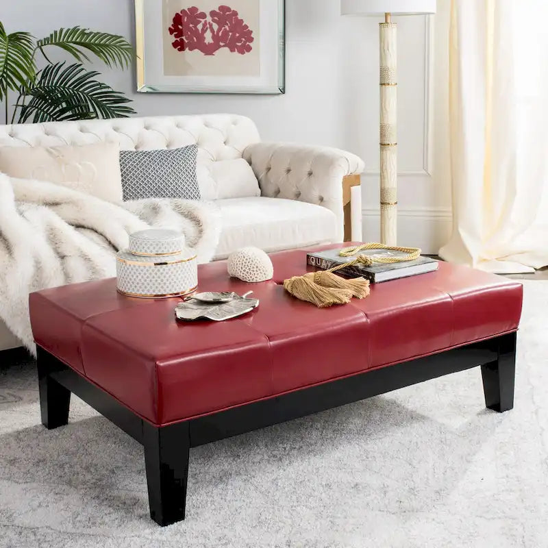 Brown / Red / Off White / Black Quilted Faux Leather Ottoman, 1-Seat