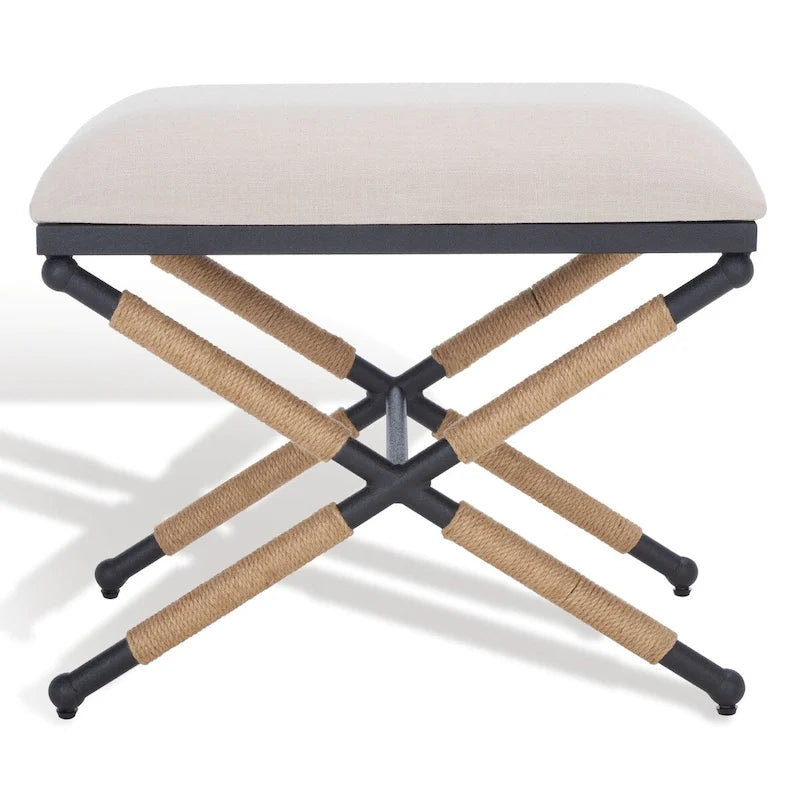 Beige/Black Hemp Wrapped Ottoman, Crossed Wood Base, 1-Person