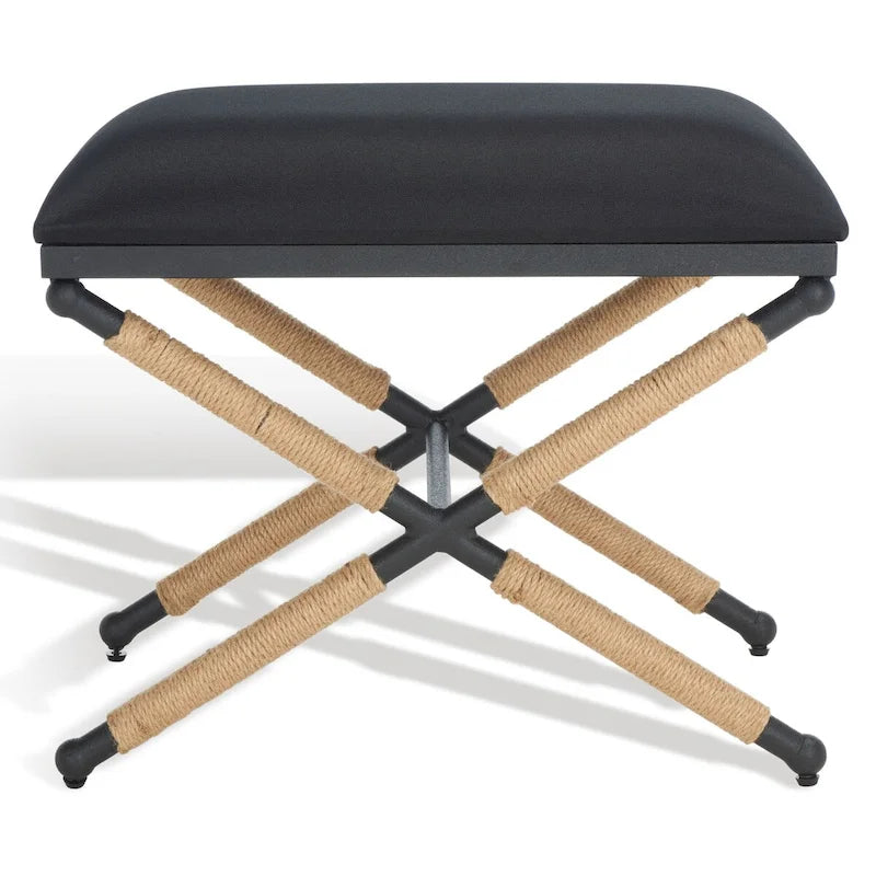 Ottoman en chanvre beige/noir, base en bois croisée, 1 personne
