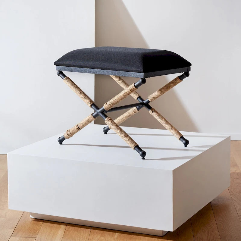 Beige/Black Hemp Wrapped Ottoman, Crossed Wood Base, 1-Person