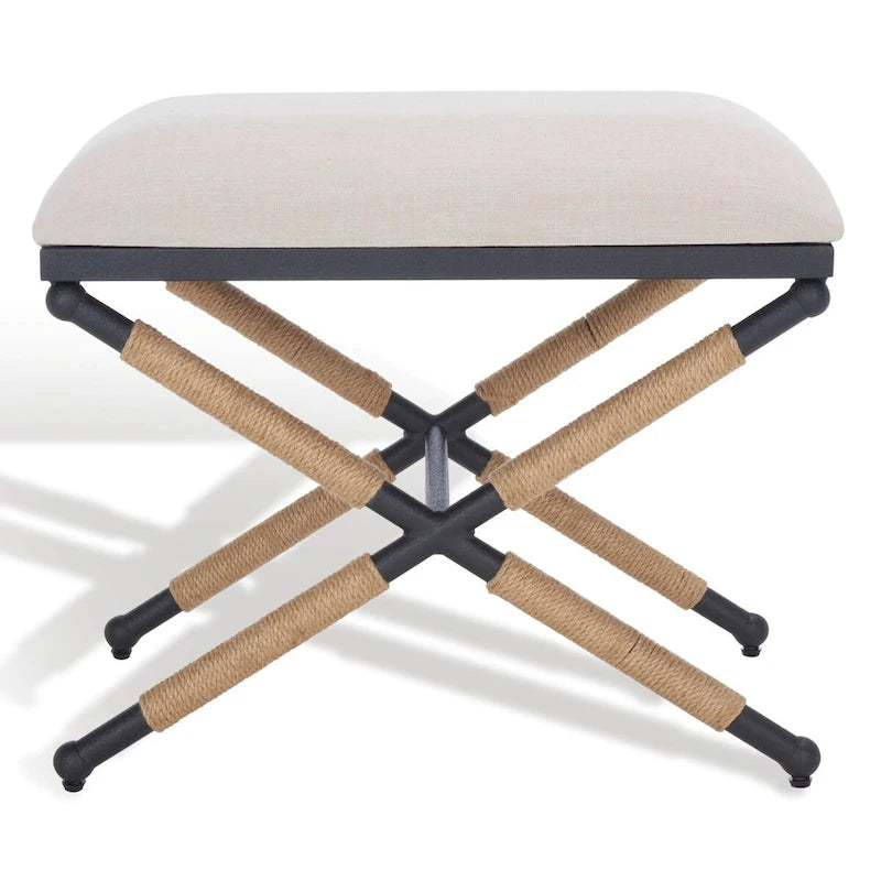 Beige/Black Hemp Wrapped Ottoman, Crossed Wood Base, 1-Person