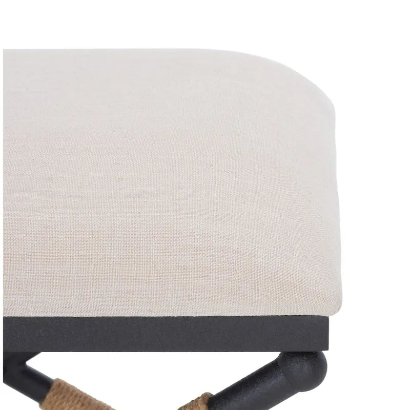 Beige/Black Hemp Wrapped Ottoman, Crossed Wood Base, 1-Person