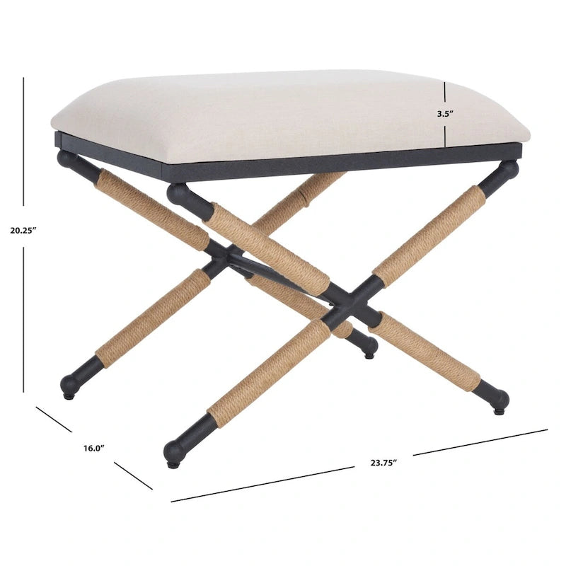 Beige/Black Hemp Wrapped Ottoman, Crossed Wood Base, 1-Person