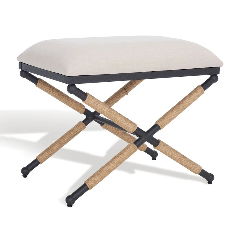 Beige/Black Hemp Wrapped Ottoman, Crossed Wood Base, 1-Person