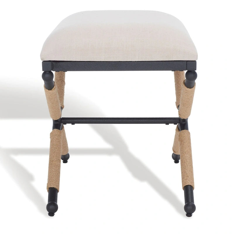 Beige/Black Hemp Wrapped Ottoman, Crossed Wood Base, 1-Person