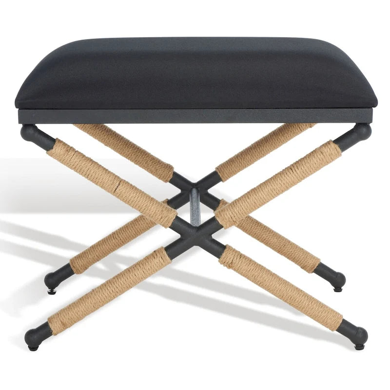 Beige/Black Hemp Wrapped Ottoman, Crossed Wood Base, 1-Person