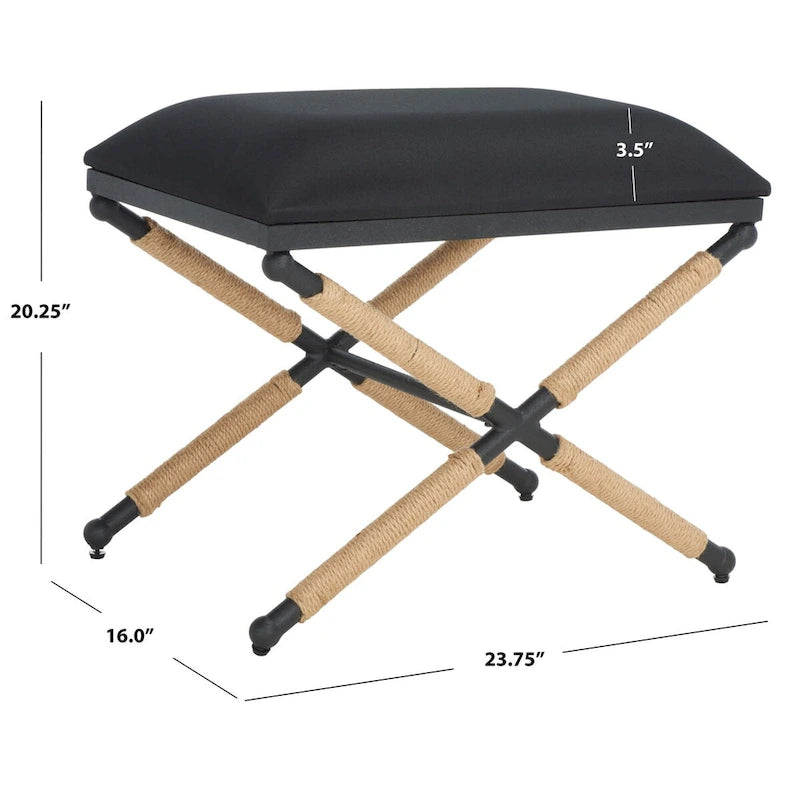 Beige/Black Hemp Wrapped Ottoman, Crossed Wood Base, 1-Person