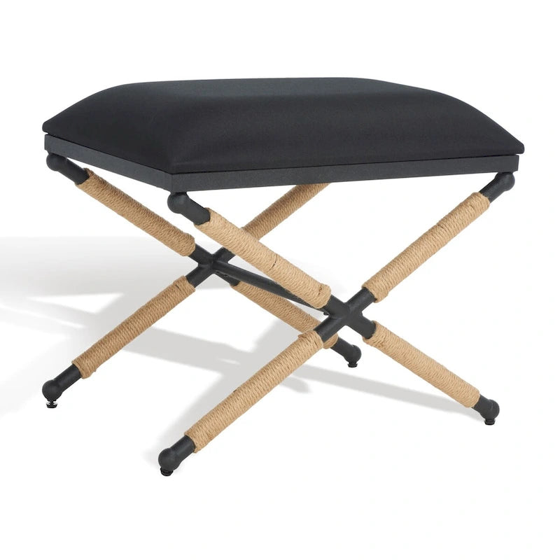 Beige/Black Hemp Wrapped Ottoman, Crossed Wood Base, 1-Person