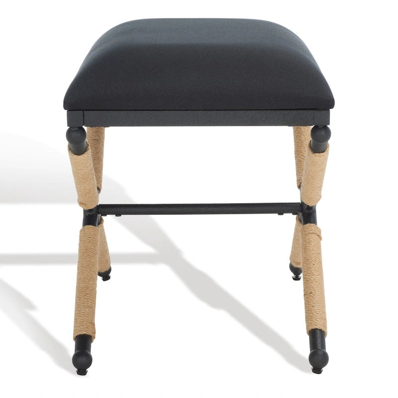 Beige/Black Hemp Wrapped Ottoman, Crossed Wood Base, 1-Person
