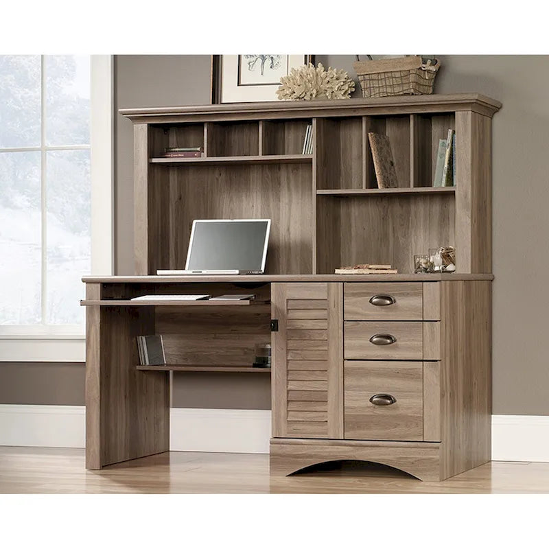 Grey Wood Finish Computer Desk with Hutch, Single User