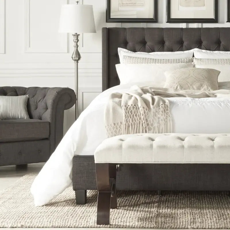 Dark Grey / Beige / Grey Linen Wingback Button-Tufted King Bed – Regular & Platform Style