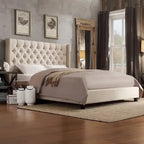 Dark Grey / Beige / Grey Linen Wingback Button-Tufted King Bed – Regular & Platform Style
