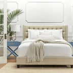Dark Grey / Beige / Grey Linen Wingback Button-Tufted King Bed – Regular & Platform Style