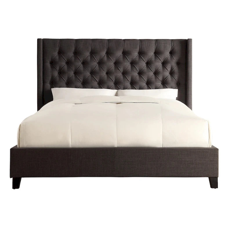 Dark Grey / Beige / Grey Linen Wingback Button-Tufted King Bed – Regular & Platform Style