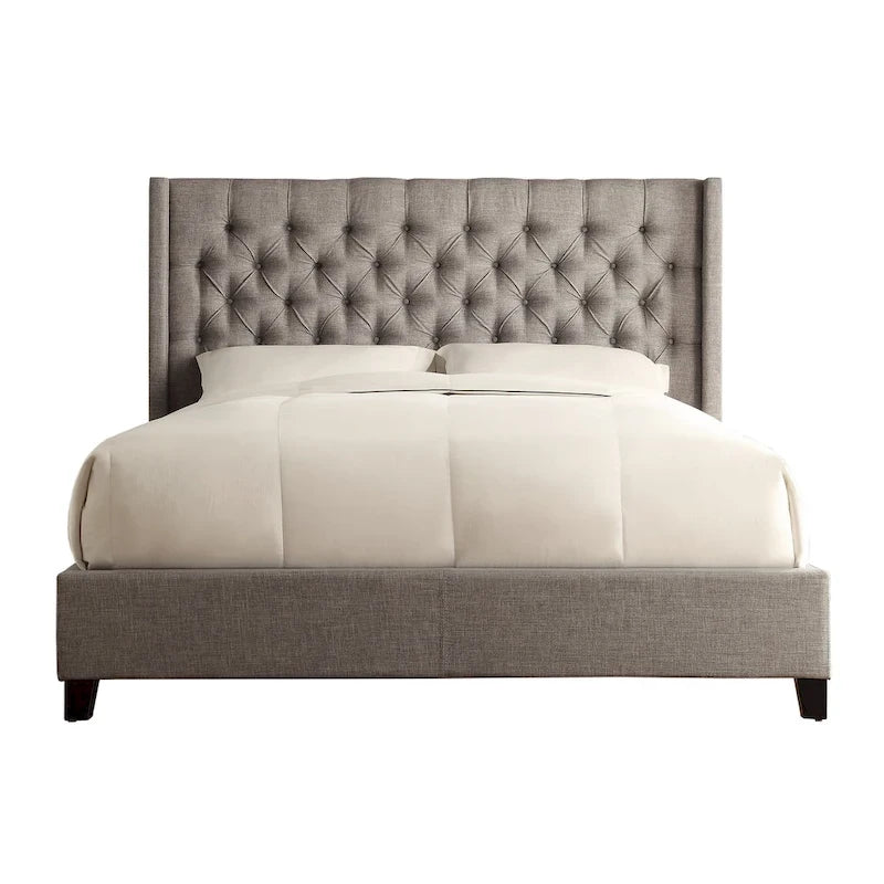 Dark Grey / Beige / Grey Linen Wingback Button-Tufted King Bed – Regular & Platform Style